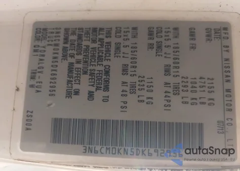 2013 Nissan Nv200 Sv z USA, uszkodzony, nr VIN 3N6CM0KN5DK692956